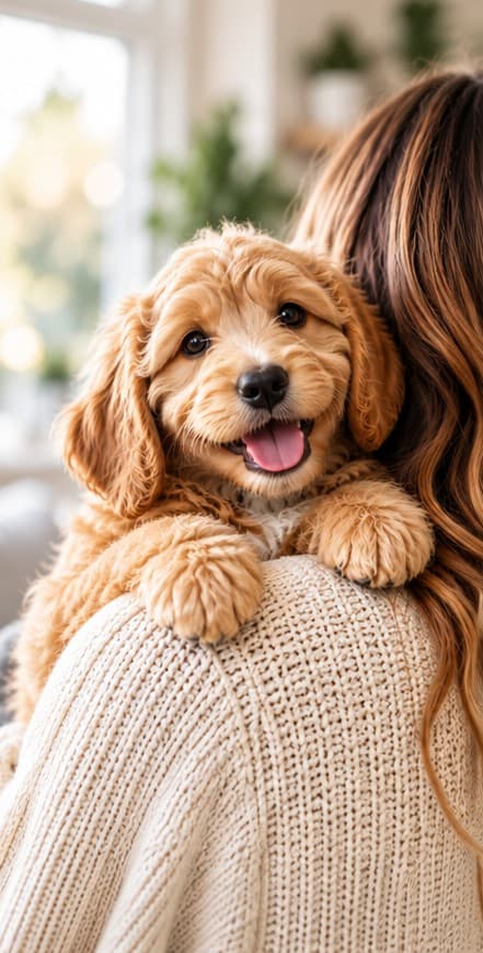Golden doodle puppy resting on its owner's shoulder