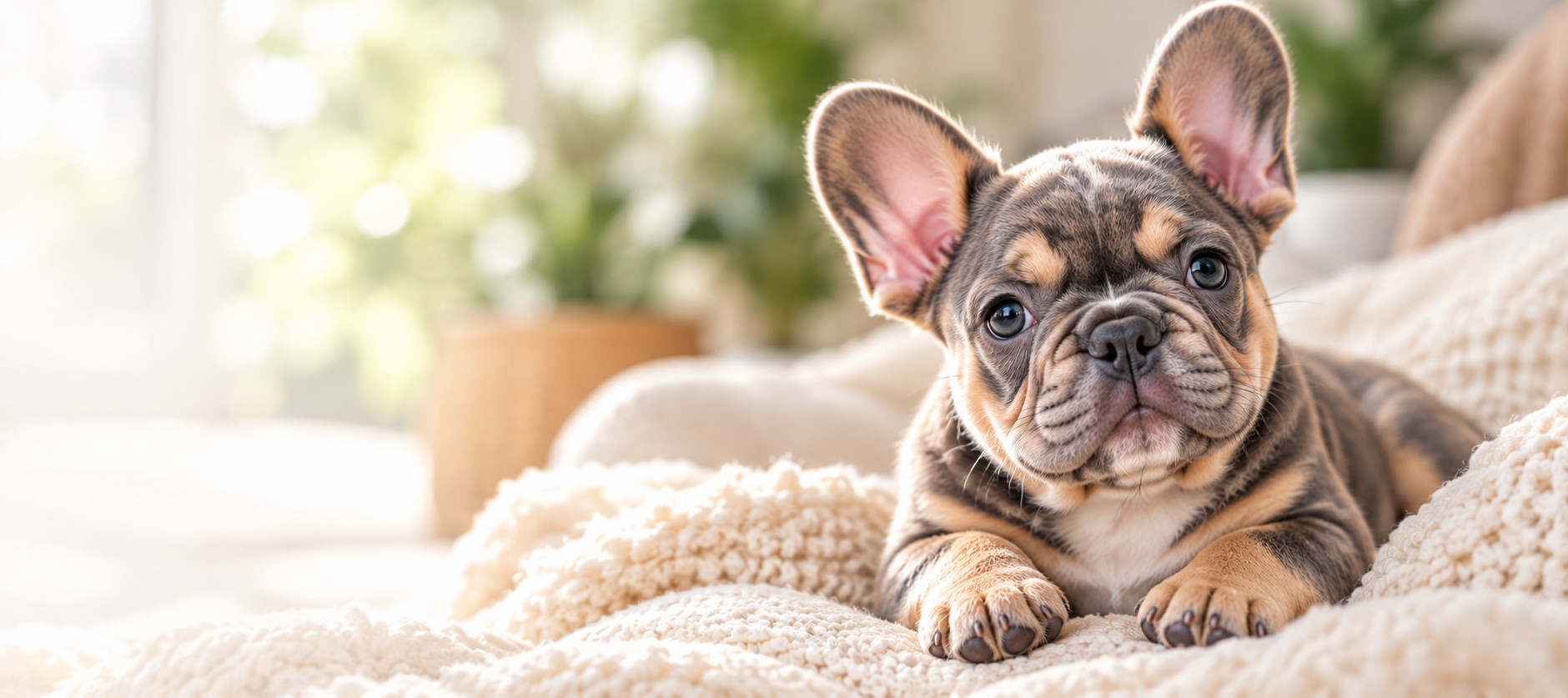 A French bulldog puppy resting on a cream blanket